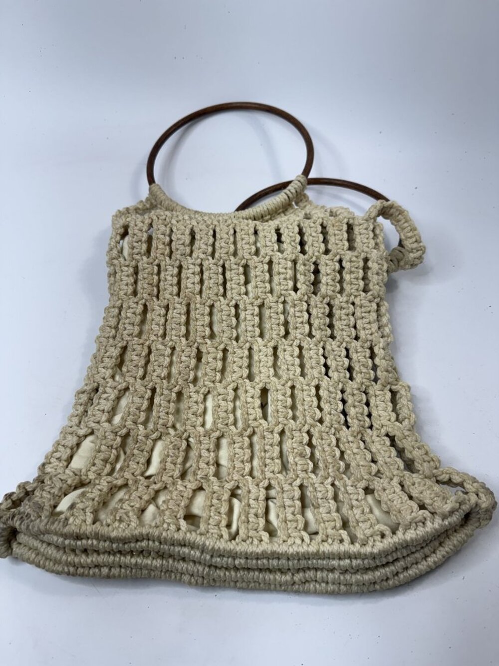 Handmade Macrame Crochet Bag With Wooden Handles Cream Open Weave Design Lined I